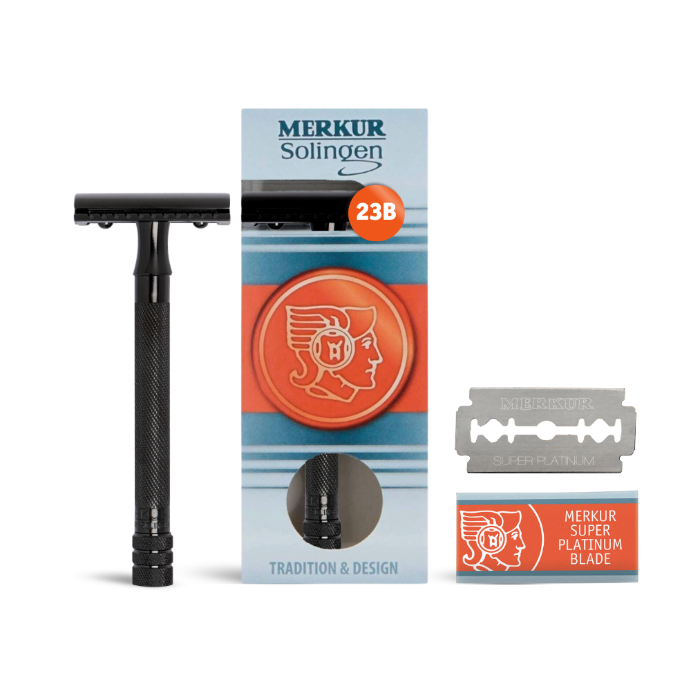 Merkur 23B Double Edge Safety Razor, Straight Cut, Extra Long Handle, Black PVD Coated - BarberSupplies Canada