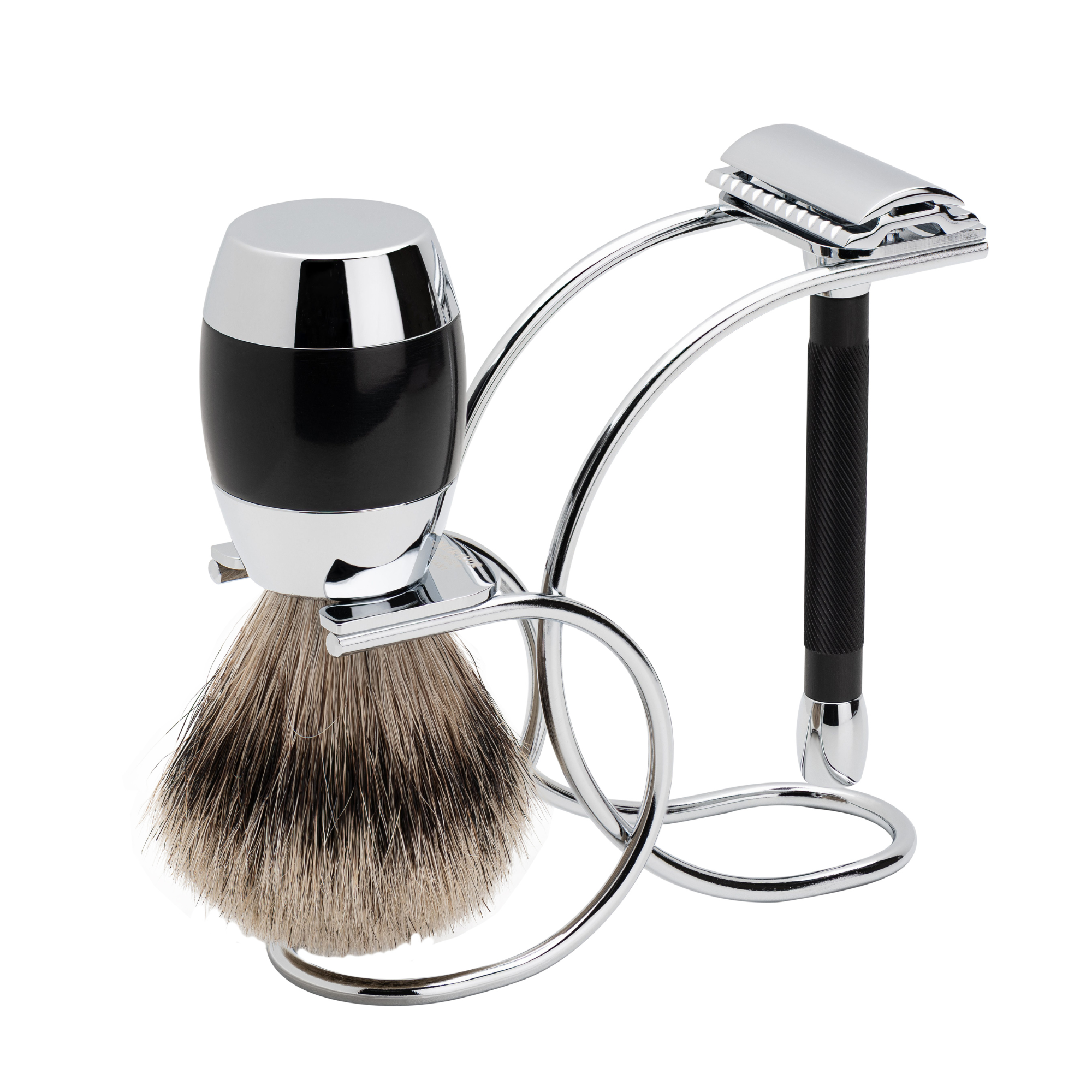 Merkur 3081 - 3pcs Shaving Set, Twin Color Black, Bright Chrome Finish - BarberSupplies Canada