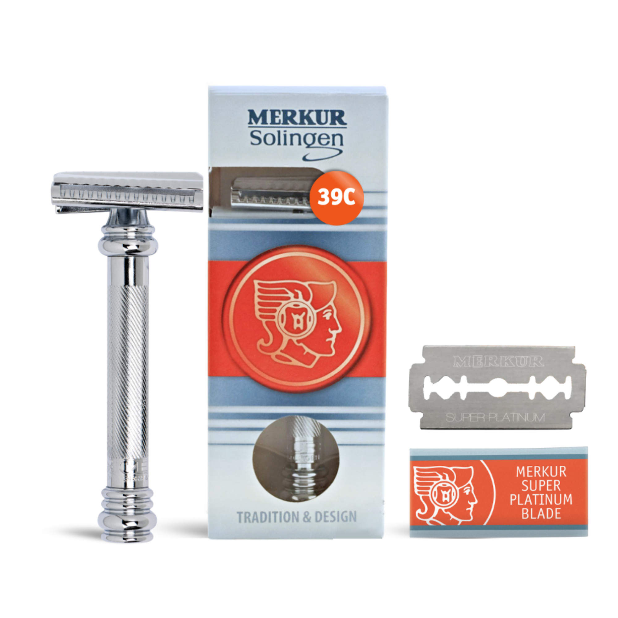 Merkur Double Edge Safety Razor, Slanted Cut, Extra Long Handle, Chrome - BarberSupplies Canada