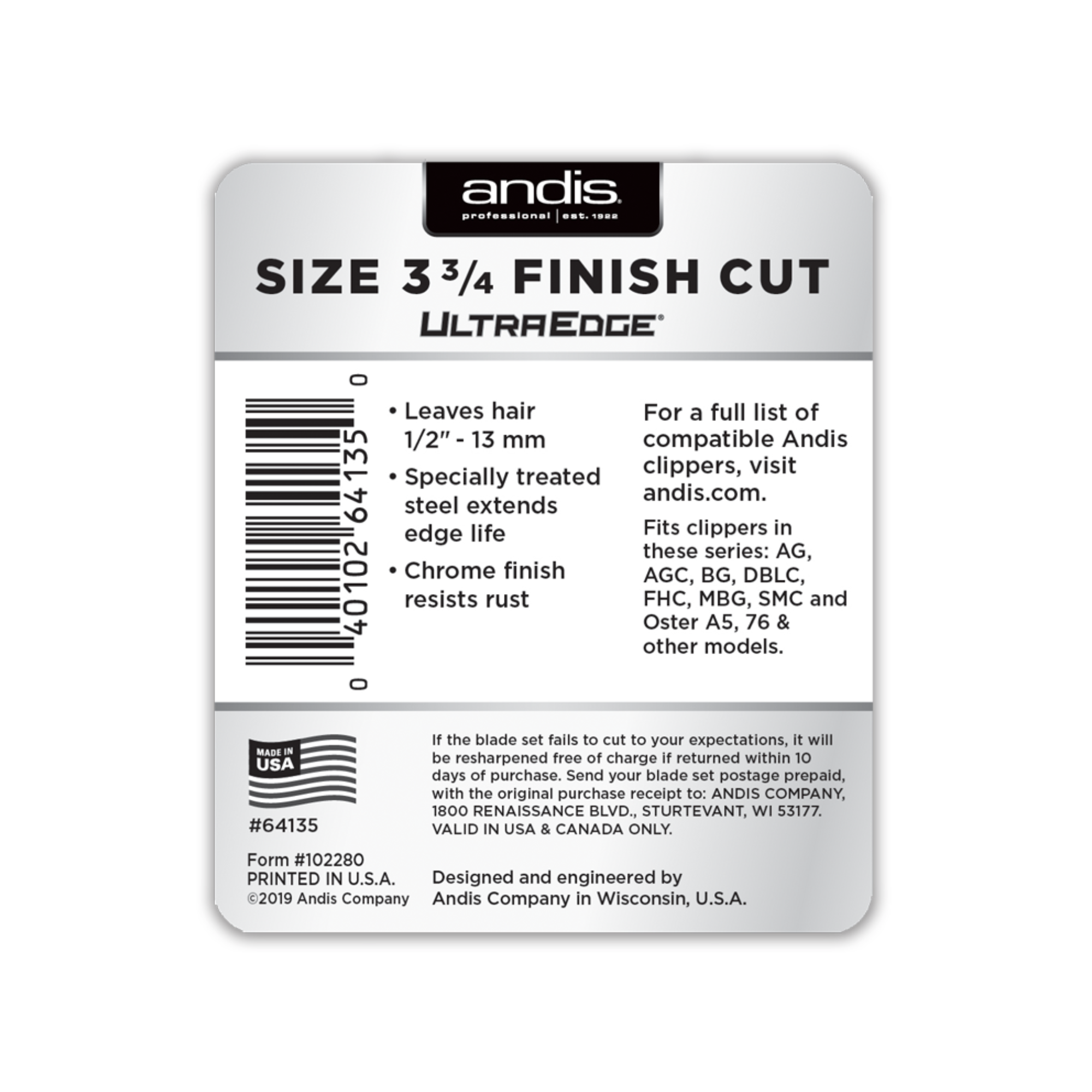 ANDIS Size 3-3/4 Finish Cut - Leaves Hair 1/2 in. - 13 mm - BarberSupplies Canada