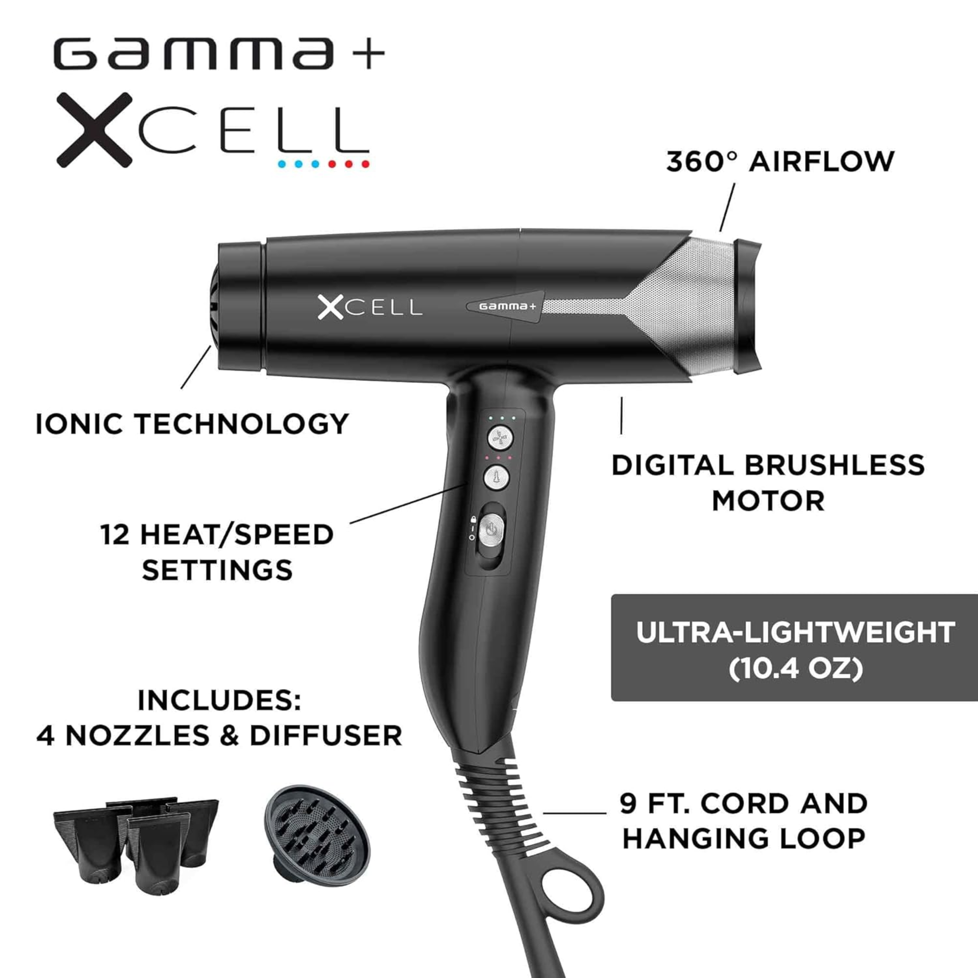 Gamma+ XCell Dryer Matte Black - BarberSupplies Canada
