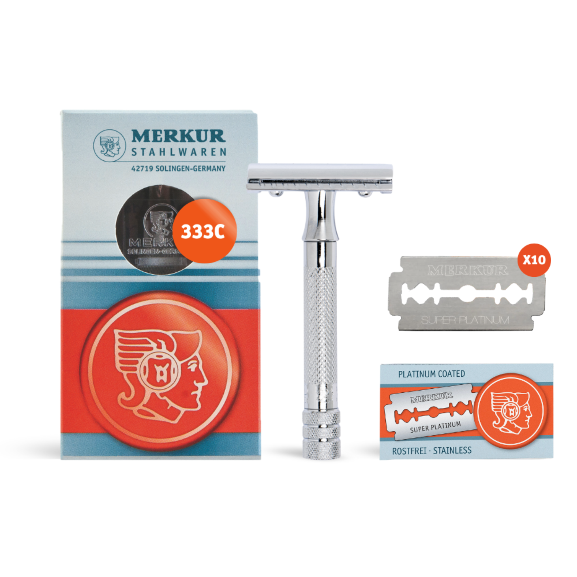Merkur 333C Set of Classic Double-Edge Safety Razor, Bright Chrome Finish, 10 blades - BarberSupplies Canada