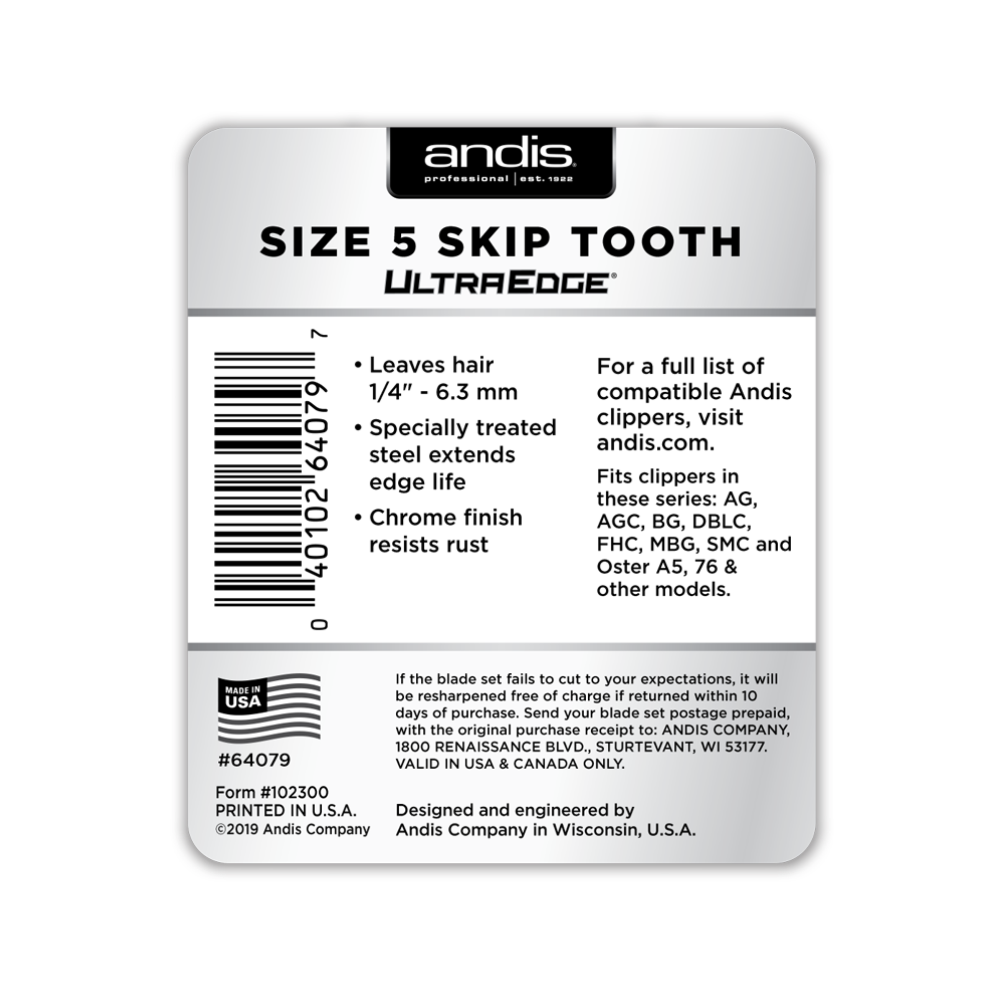 ANDIS Size 5 Skip Tooth - Leaves Hair 1/4 in. - 6.3 mm - BarberSupplies Canada