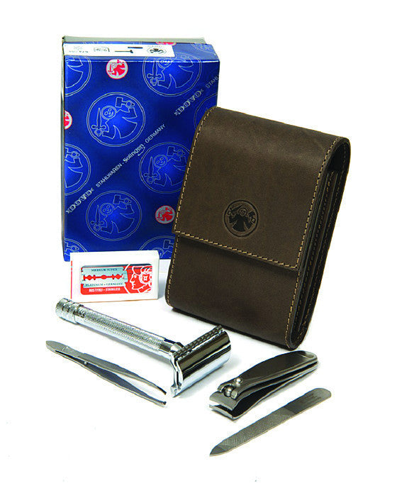 Dovo Razor and Manicure Set in Brown Leather Case - BarberSupplies Canada