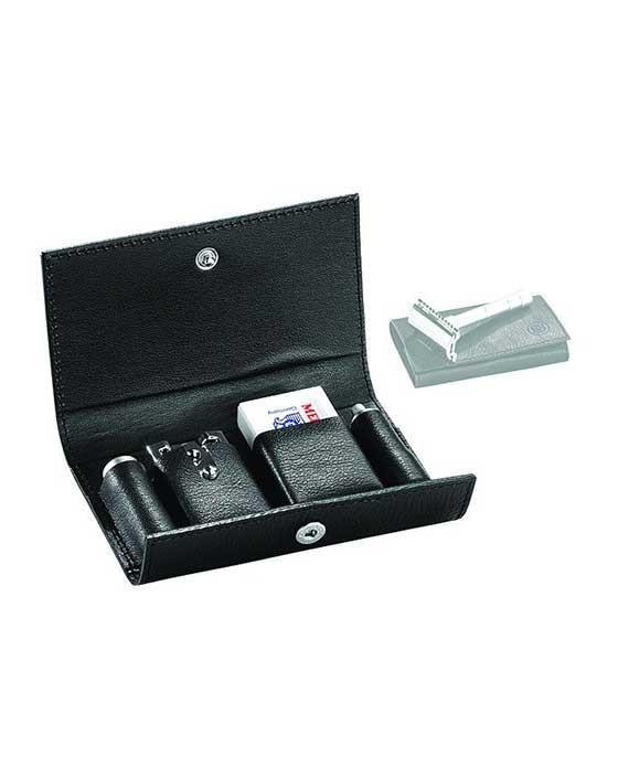 Merkur 3-Piece Travel Double Edge Safety Razor with Blades In Black Leather Case - BarberSupplies Canada