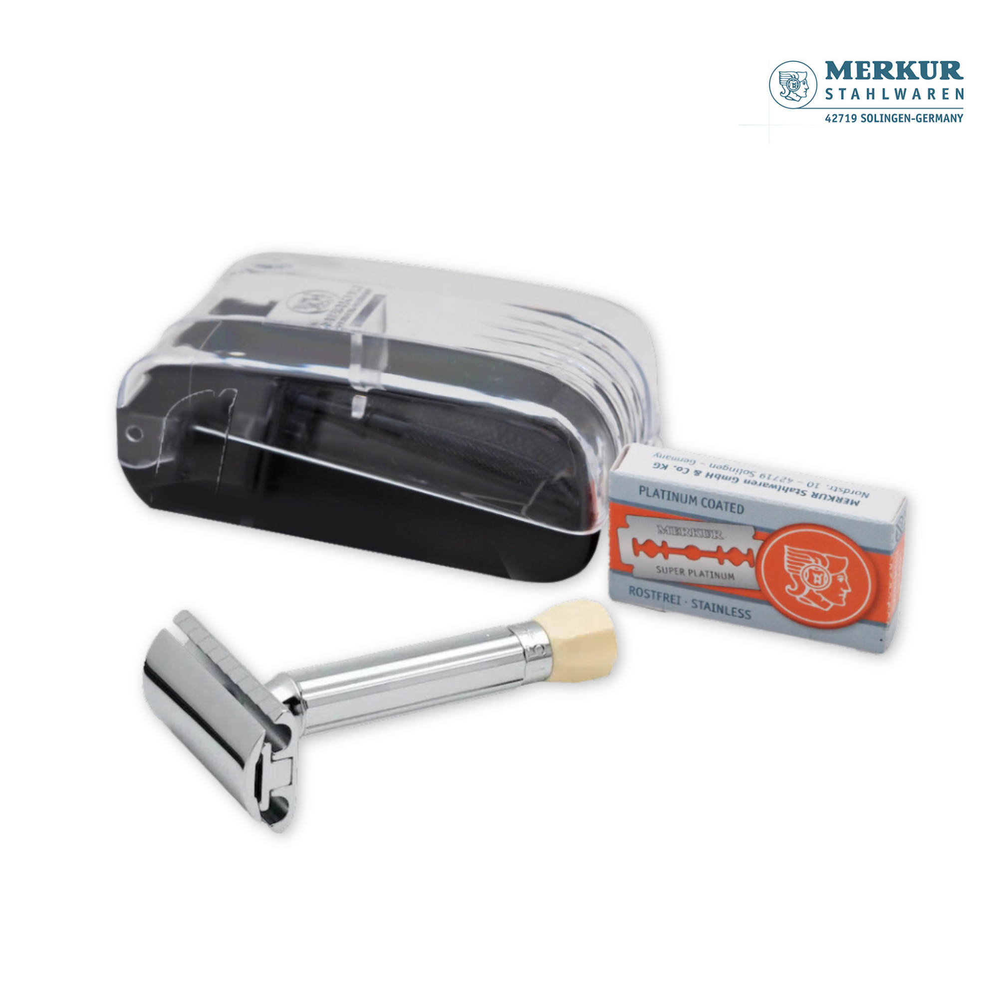 Merkur 570 Progress, Set of Adjustable Safety Razor, Bright Chrome Finish, 10 blades - BarberSupplies Canada