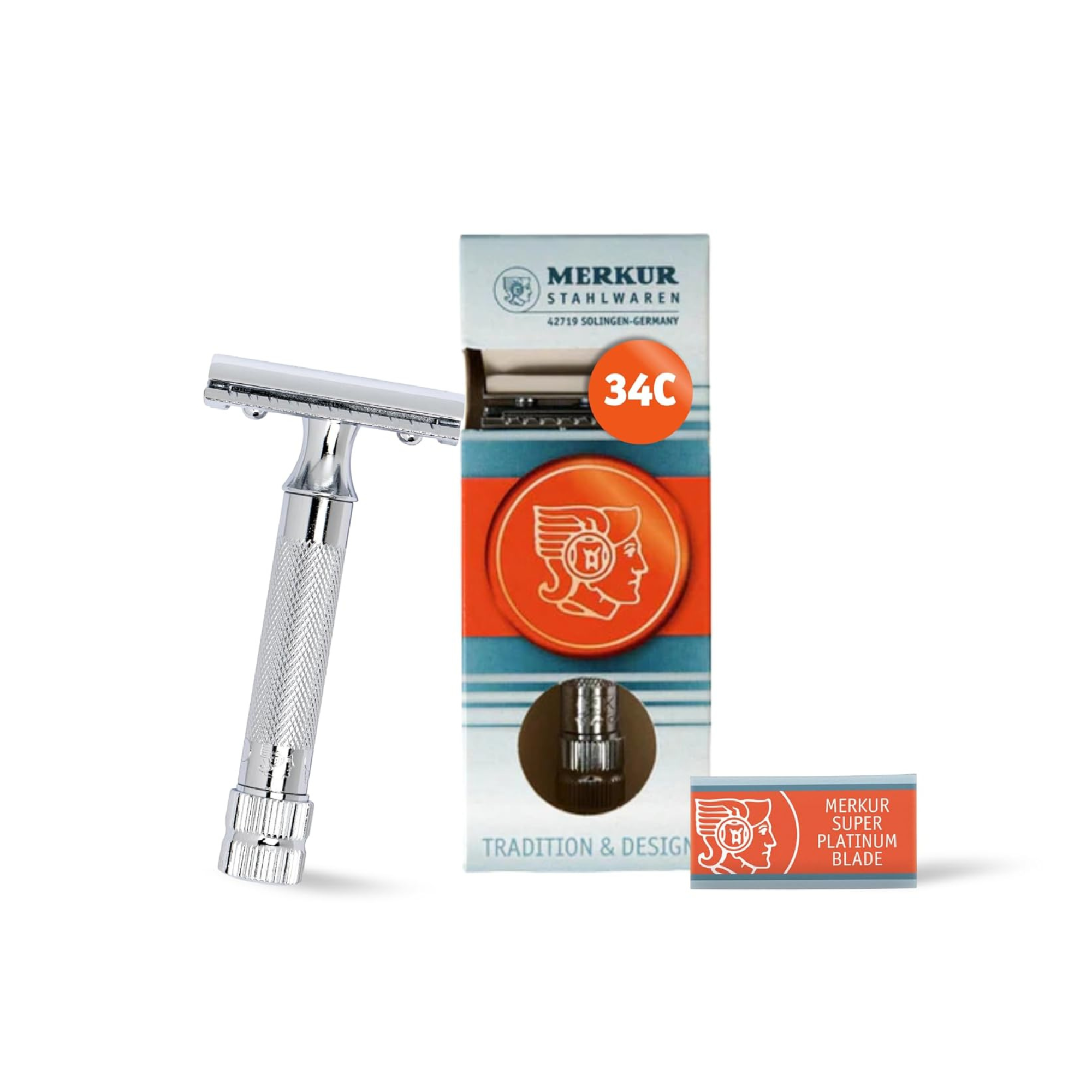Merkur Double Edge Safety Razor, Straight Cut, Extra Thick Handle, Chrome - BarberSupplies Canada