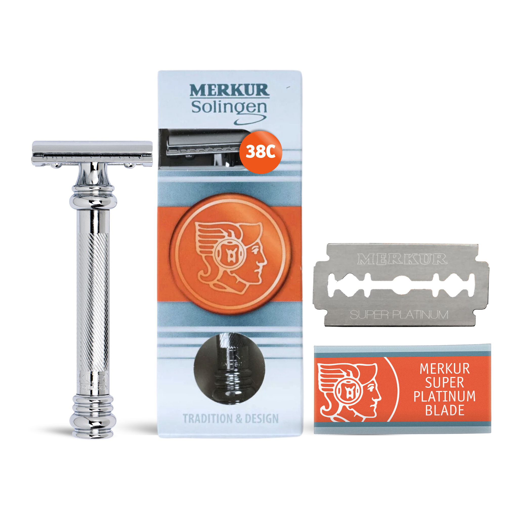 Merkur Double Edge Safety Razor, Straight Cut, Extra Long Handle, Chrome - BarberSupplies Canada