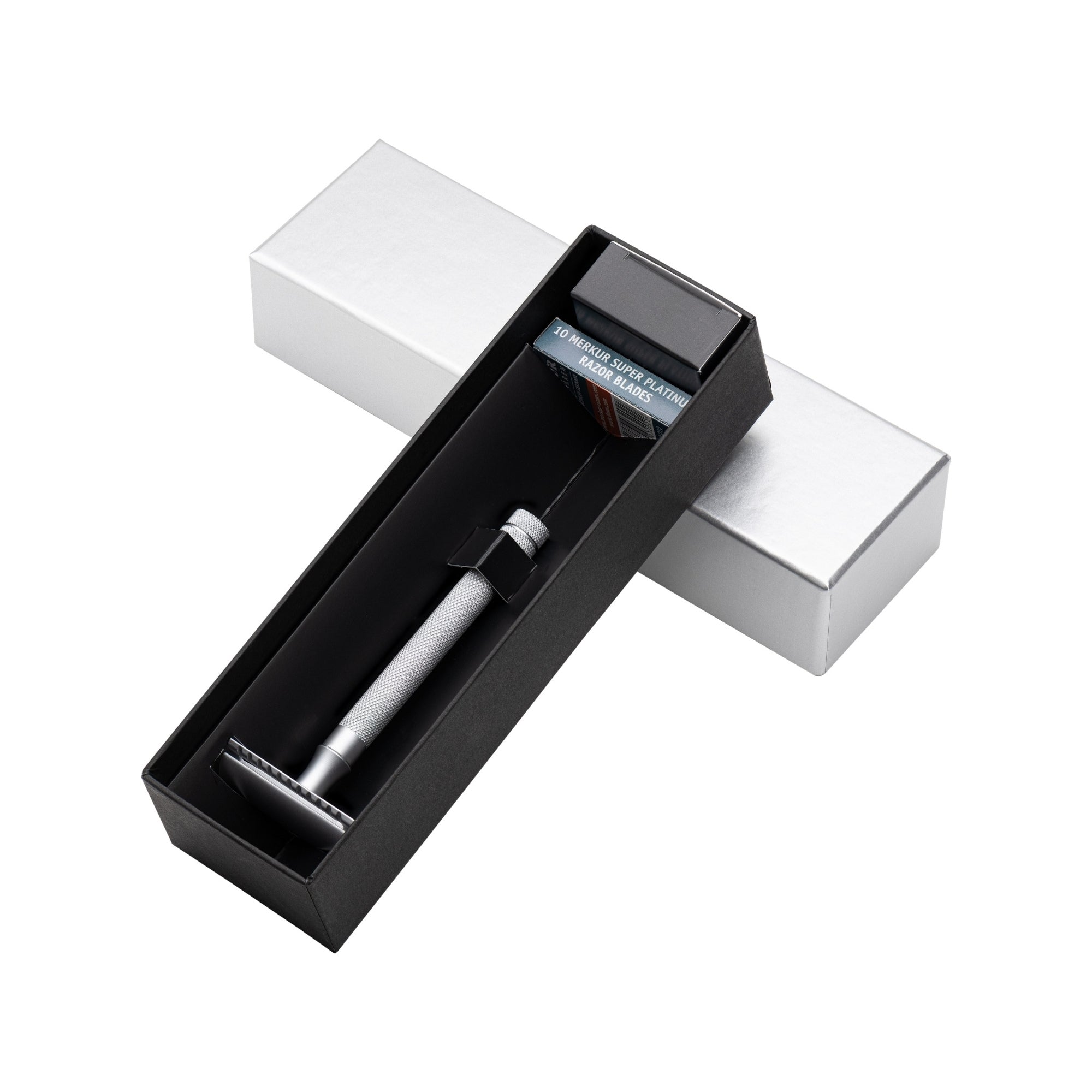 MERKUR 2281 Razor Set with Stand & Blades in Matte Chrome Finish - BarberSupplies Canada