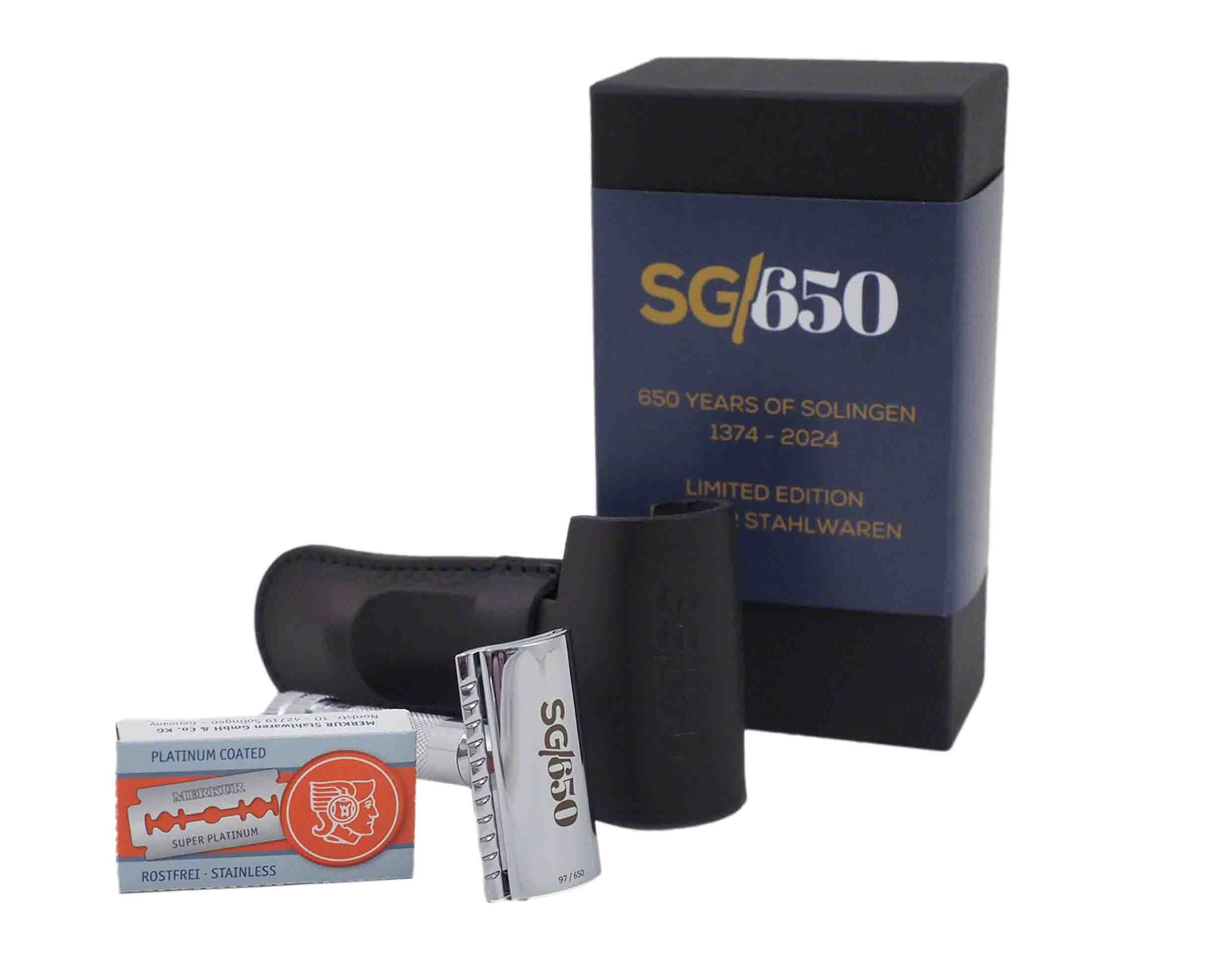 Merkur DE Razor 34C Limited Edition 650 Years, set including leather sleeve, 10ct blades, in a gift box. - BarberSupplies Canada