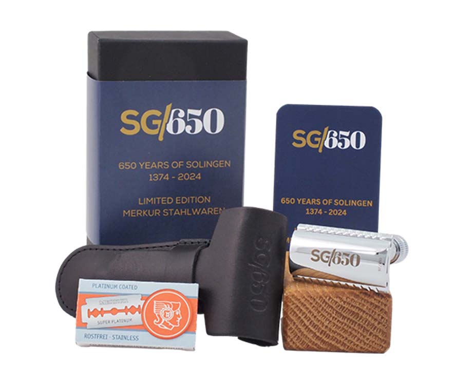 Merkur DE Razor 34C Limited Edition 650 Years, set including leather sleeve, 10ct blades, in a gift box. - BarberSupplies Canada