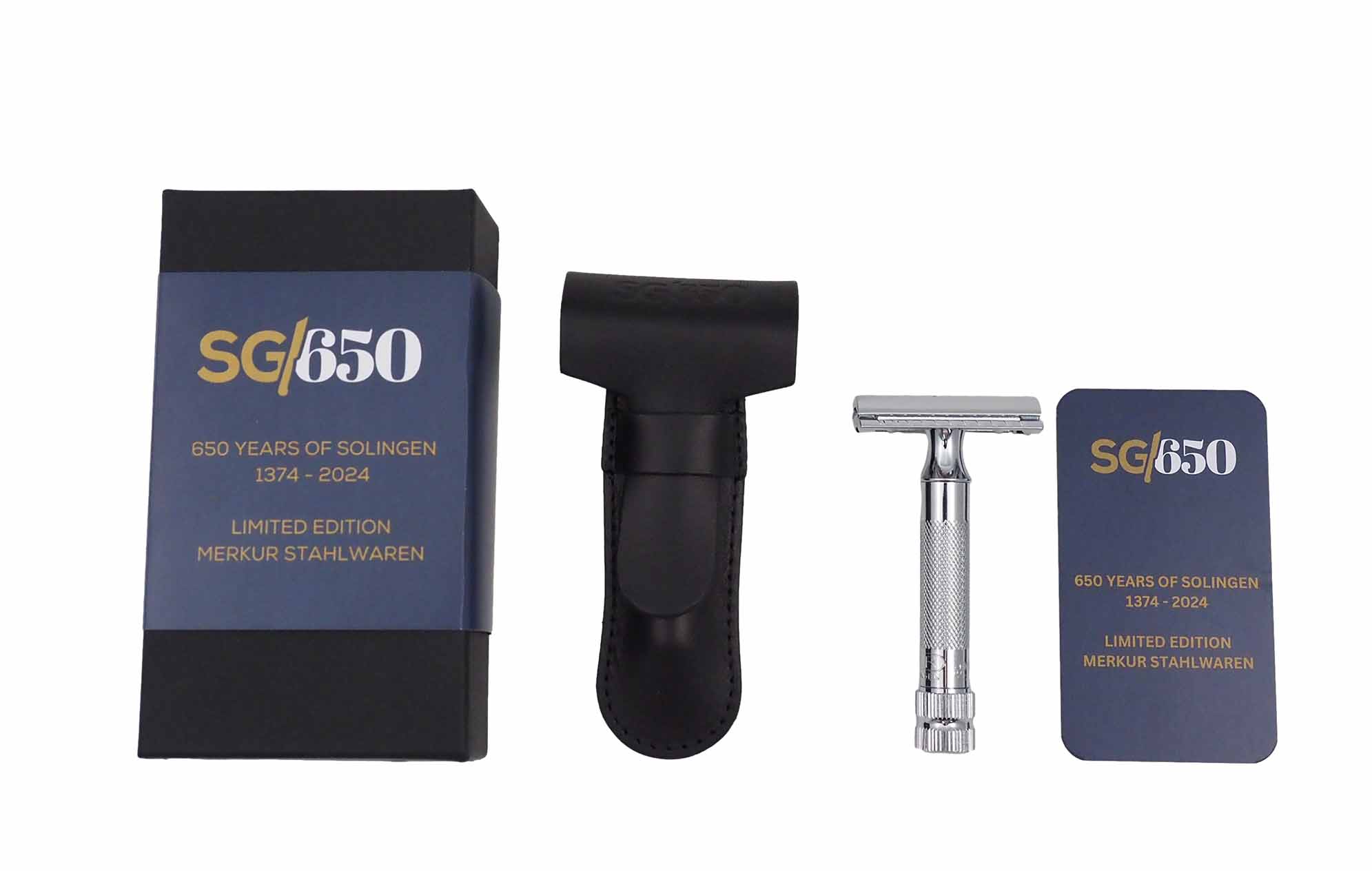 Merkur DE Razor 34C Limited Edition 650 Years, set including leather sleeve, 10ct blades, in a gift box. - BarberSupplies Canada
