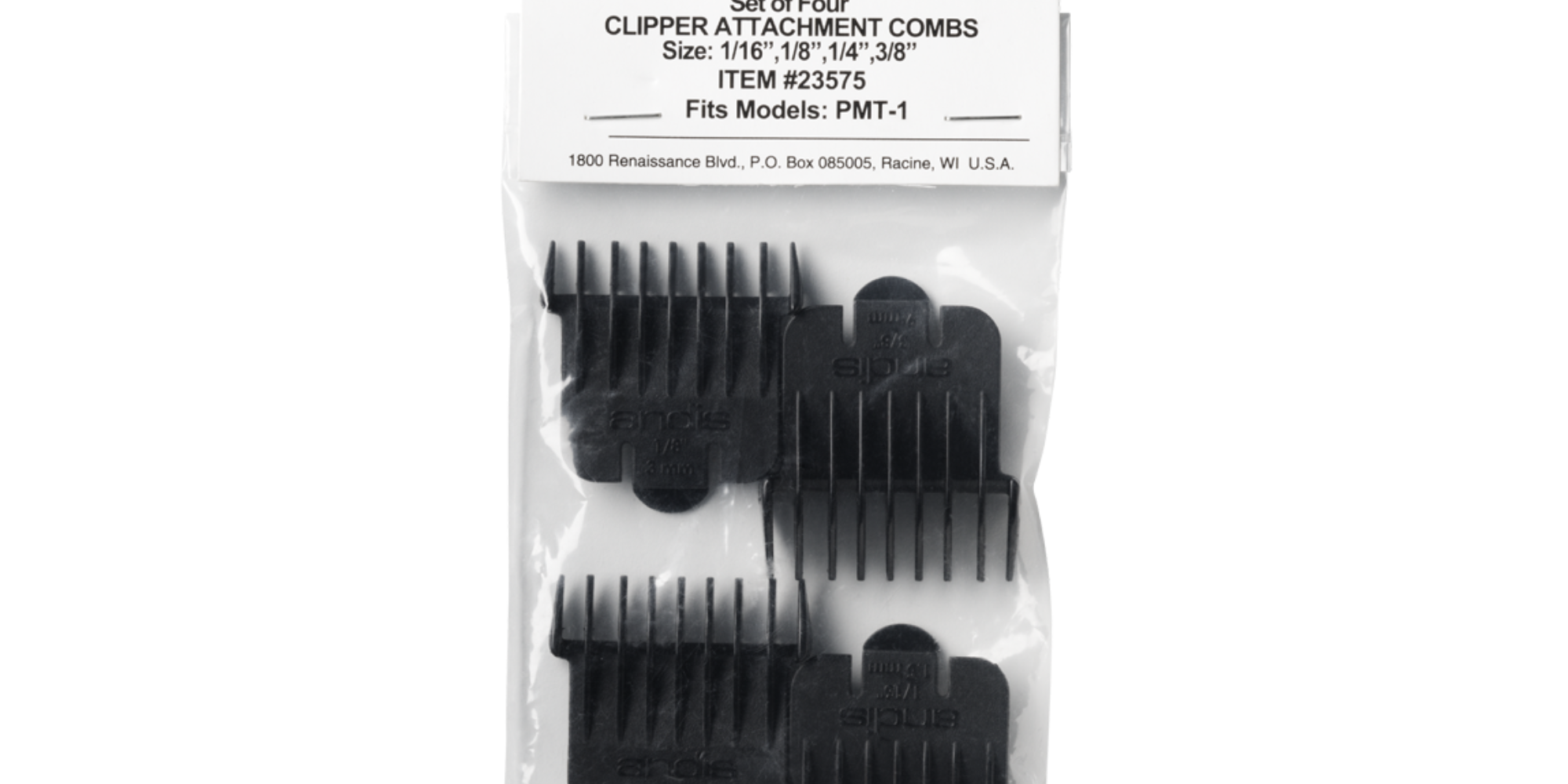 ANDIS T-Blade ONLY Snap-on Blade Attachment Combs, 4- Combs; Sizes 1/16 in., 1/8 in., 1/4 in., 3/8 in. - BarberSupplies Canada