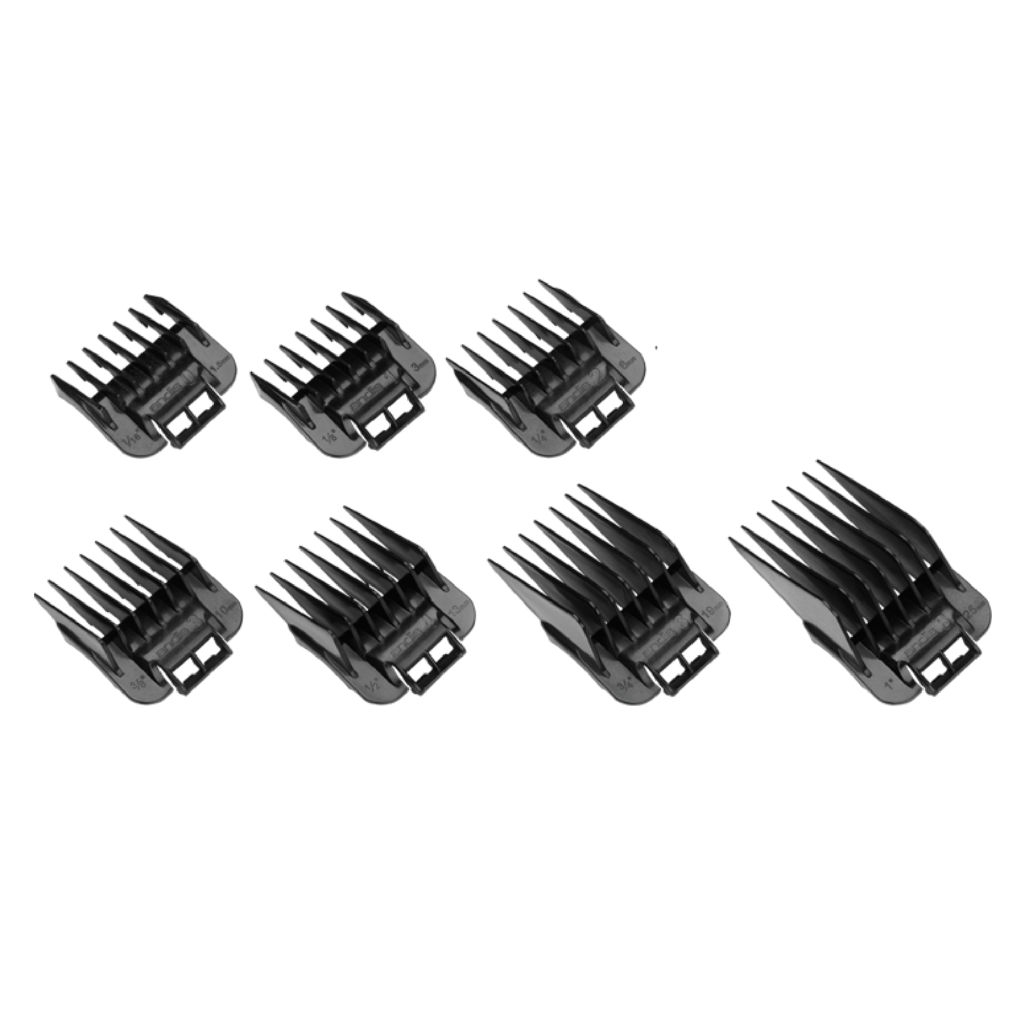 ANDIS Snap-on Blade Attachment Combs, 7-Combs, Sizes 1/16 in., 1/8 in., 1/4 in., 3/8 in., 1/2 in., 3/4 in., 1 in. - BarberSupplies Canada