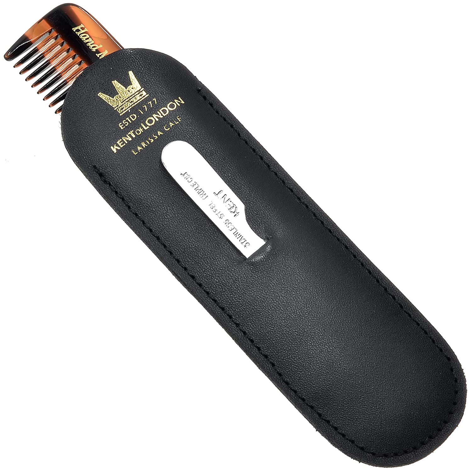 K-NU19 Kent Comb, Coarse/Fine Tooth With Leather Case & Metal File (110mm/4.3in) - BarberSupplies Canada