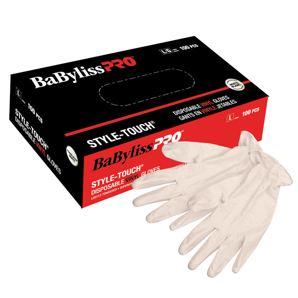 Babyliss Pro disposable vinyl gloves, large.100 gloves/box. - BarberSupplies Canada