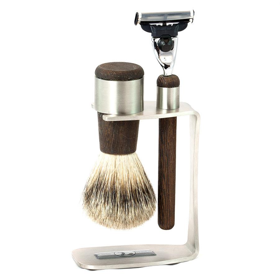 GLD-SET3440 Gold-Dachs Stand With Best Badger Brush & Razor, Wood/Aluminum - BarberSupplies Canada