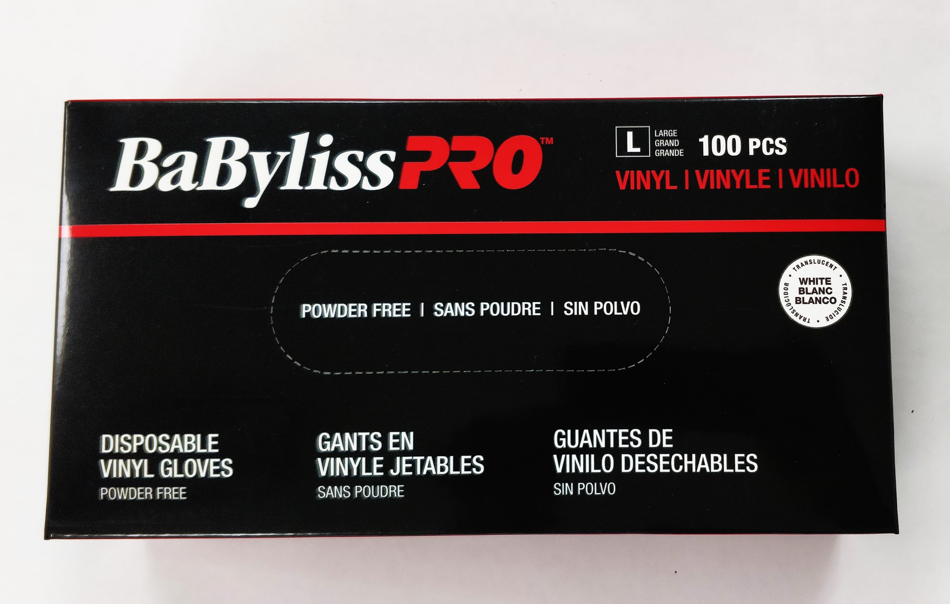 BabylissPro POWDER FREE vinyl gloves, large. 100 gloves/box. - BarberSupplies Canada