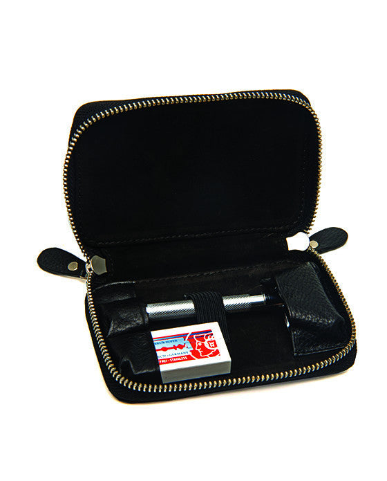 Pure Badger Black Pebble Leather DE Safety Razor Case, With Nubuck Lining - BarberSupplies Canada