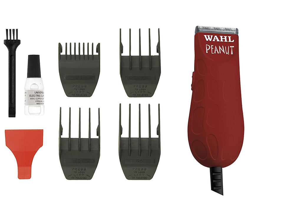 Wahl Professional Peanut Trimmer #56354, Red, 294g  The WAHL red peanut trimmer is a compact, rotary motor powered tool that is versatile for both clipping and trimming. Use the 4 provided attachment combs to keep your clients' beard at their desired length.  Includes 4 guides - 1/8" to 1/2".  Made in USA.