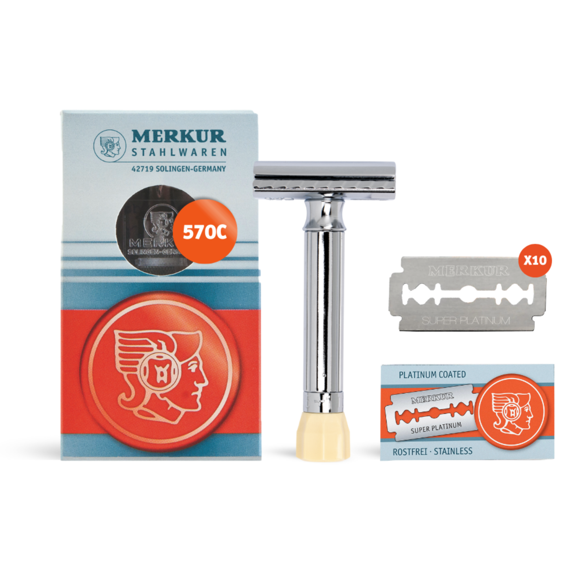 Merkur 570 Progress, Set of Adjustable Safety Razor, Bright Chrome