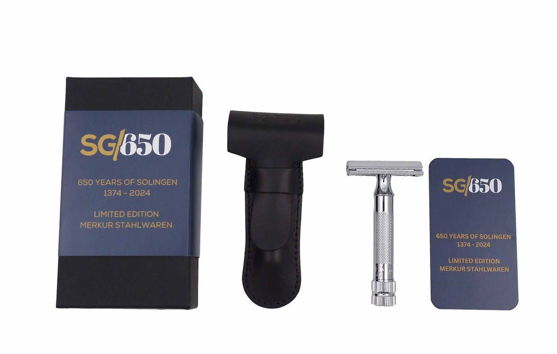 Merkur DE Razor 34C Limited Edition 650 Years, set including leather sleeve, 10ct blades, in a gift box.