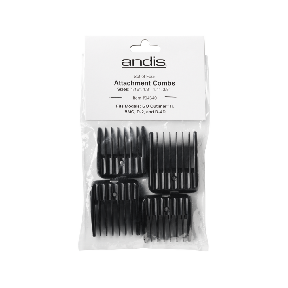 ANDIS Snap-on Blade Attachment Combs, 4-Combs; Fits Square Blade only; Sizes 1/16", 1/8", 1/4", 3/8"
