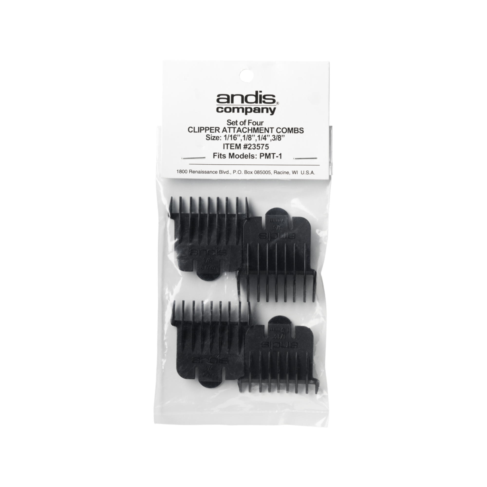 ANDIS T-Blade ONLY Snap-on Blade Attachment Combs, 4- Combs; Sizes 1/16 in., 1/8 in., 1/4 in., 3/8 in. - BarberSupplies Canada