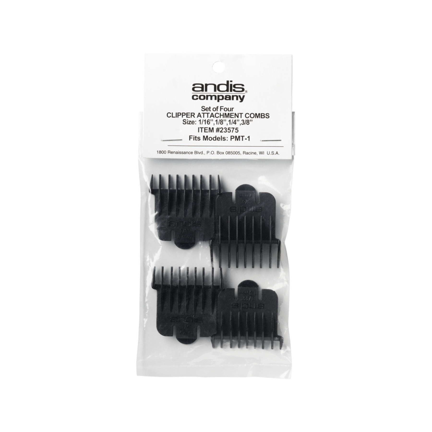 ANDIS T-Blade ONLY Snap-on Blade Attachment Combs, 4- Combs; Sizes 1/16,  1/8, 1/4, 3/8