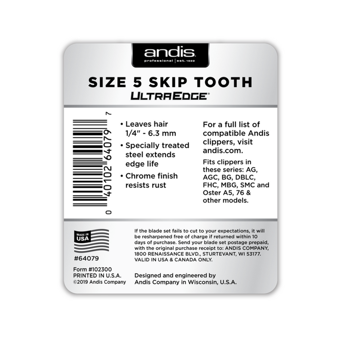 ANDIS Size 5 Skip Tooth - Leaves Hair 1/4 in. - 6.3 mm