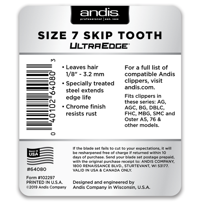 ANDIS Size 7 Skip Tooth - Leaves Hair 1/8 in. - 3.2 mm