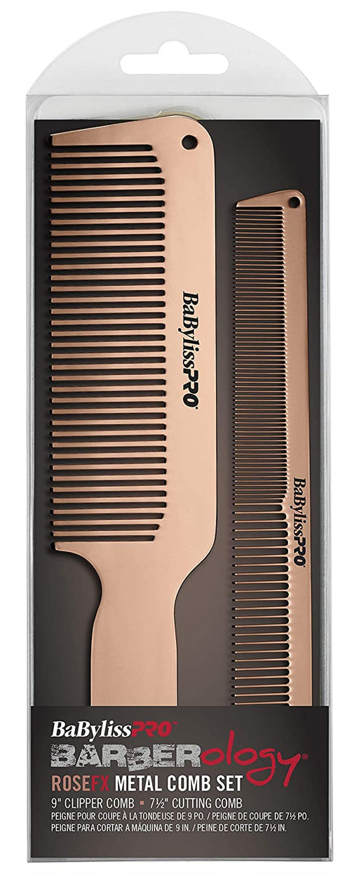 Babyliss Pro Metal comb duo includes a 7-1/2 in. cutting comb and a 9 in. clipper comb. Rose gold.