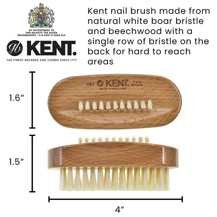 K-NB3 Kent Aqua Nail Brush, White Bristles With Row Of Bristle On Back, Beechwood