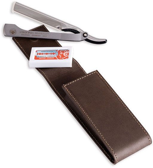 DOVO Shavette Replaceable Blade Straight Razor, Matte Stainless Steel Handle, Brown Cowhide Leather Case - 577 056