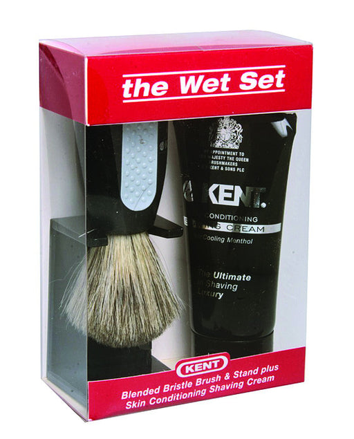 Kent 3pc Shaving Set, Blended Bristle Brush, Shaving Cream, Black Stand, In Box