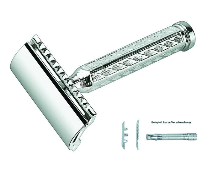 Merkur Double Edge Safety Razor, Straight Cut, Chrome-Plated, Etched Handle, 