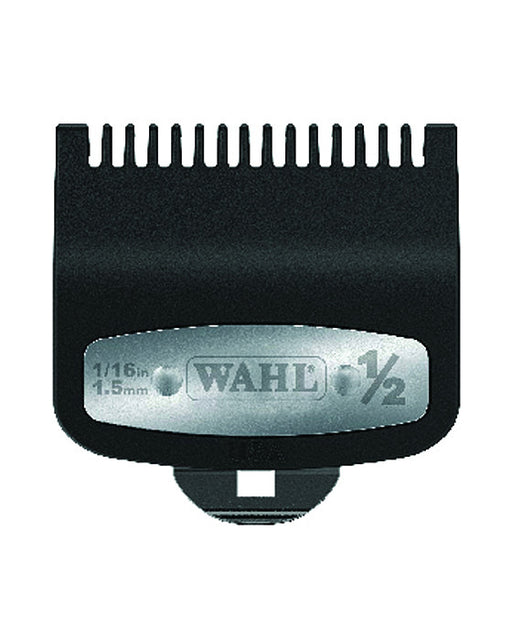 Wahl Professional's #½ Individual Premium Guide features metal clips for blade security and ballpoint tips for easy use.   It also features glass and mineral filled plastic making for delicate use on hair.   This product is perfect for guiding Wahl clippers through the toughest hair without causing irritation or discomfort.   This product has been crafted with barbers in mind and is compatible with all of Wahl Professional's clippers.  (1/16" / 1.5mm)