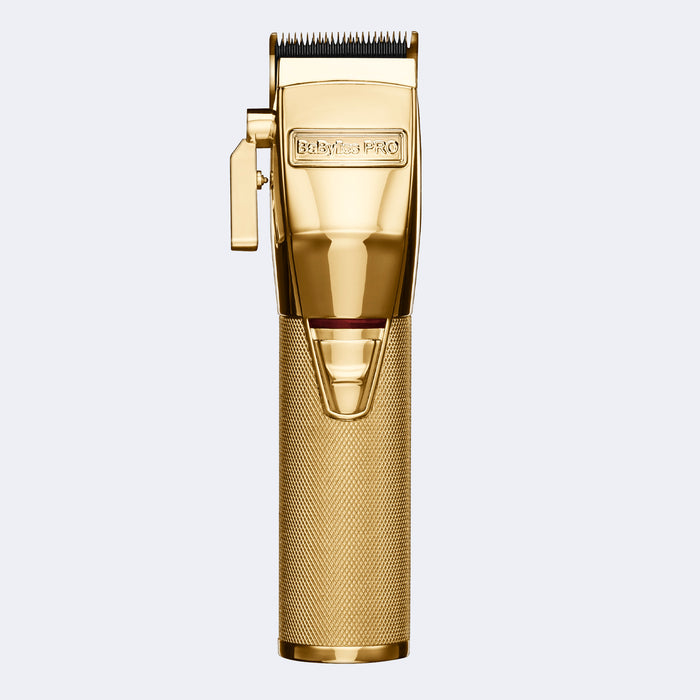 BabylissPro GoldFX all-metal lithium clipper. DLC/nickel titanium coated stainless steel blade.